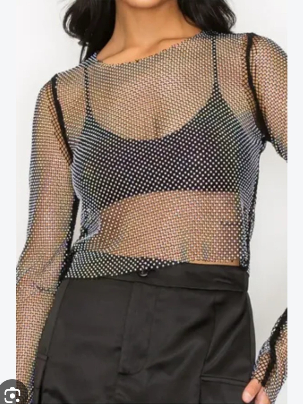 Orange Kiss NWT Sz M Rhinestone Mesh Long-Sleeve Crop Top - Black
